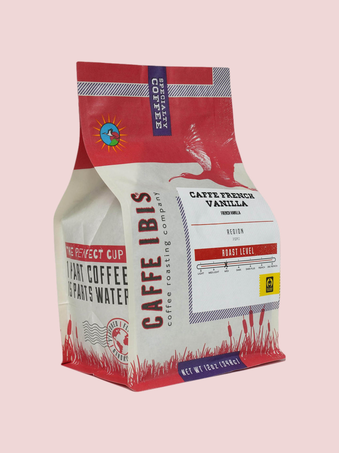 Caffe Ibis flavor Caffe French Vanilla coffee in a pink twelve ounce bag; front quarter view.