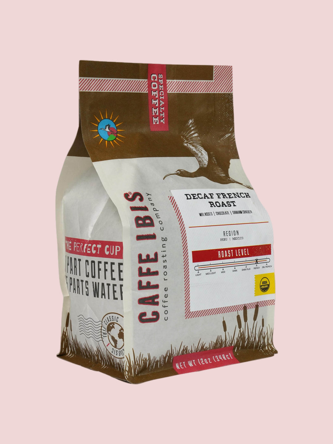Caffe Ibis organic decaf french roast blend in a brown twelve-ounce bag; front quarter view.