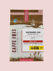 Caffe Ibis Organic Espresso Number Forty Four coffee in a brown twelve ounce bag; front quarter view.