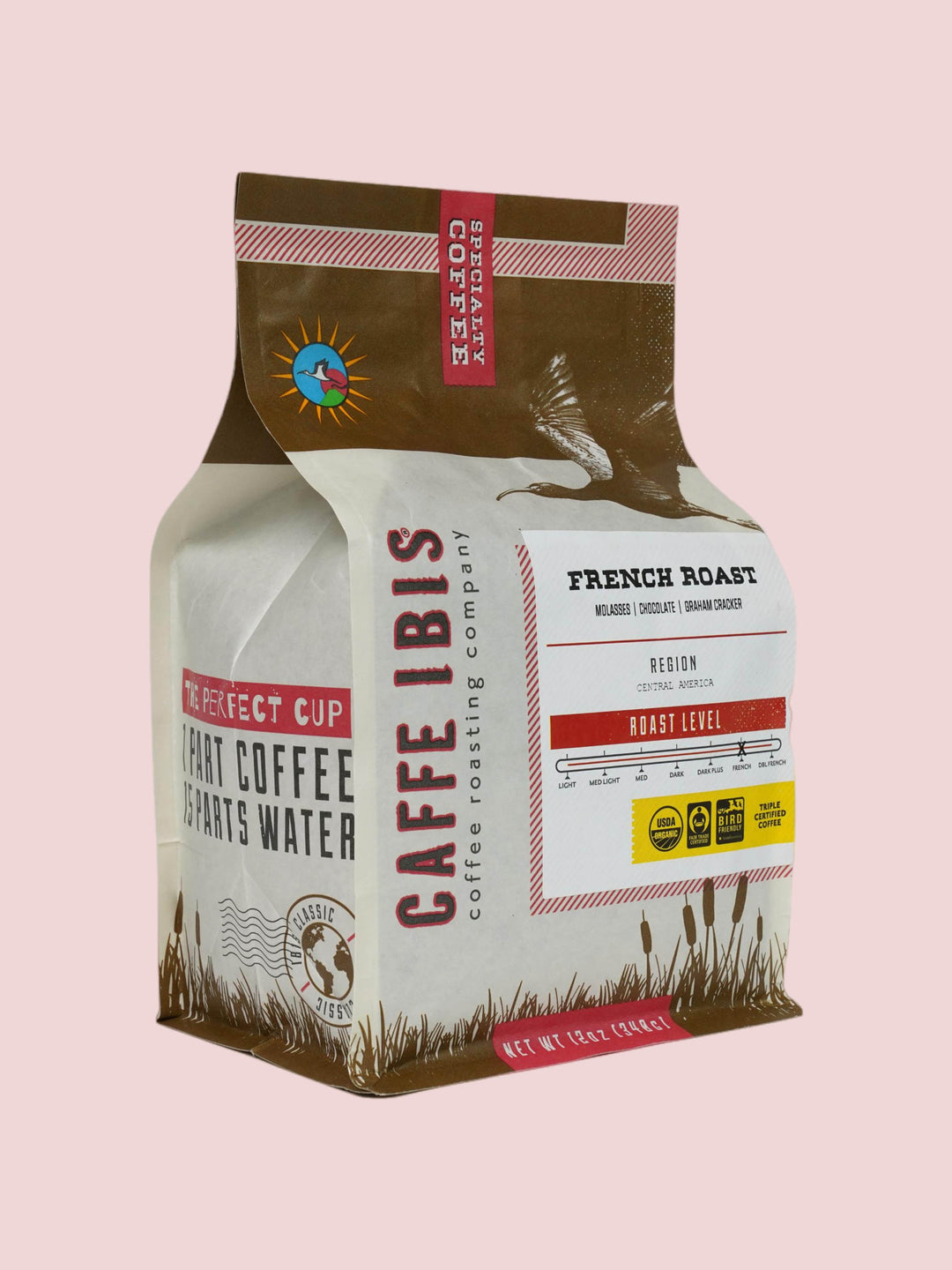 Caffe Ibis Organic French Roast coffee in a brown twelve ounce bag; front quarter view.