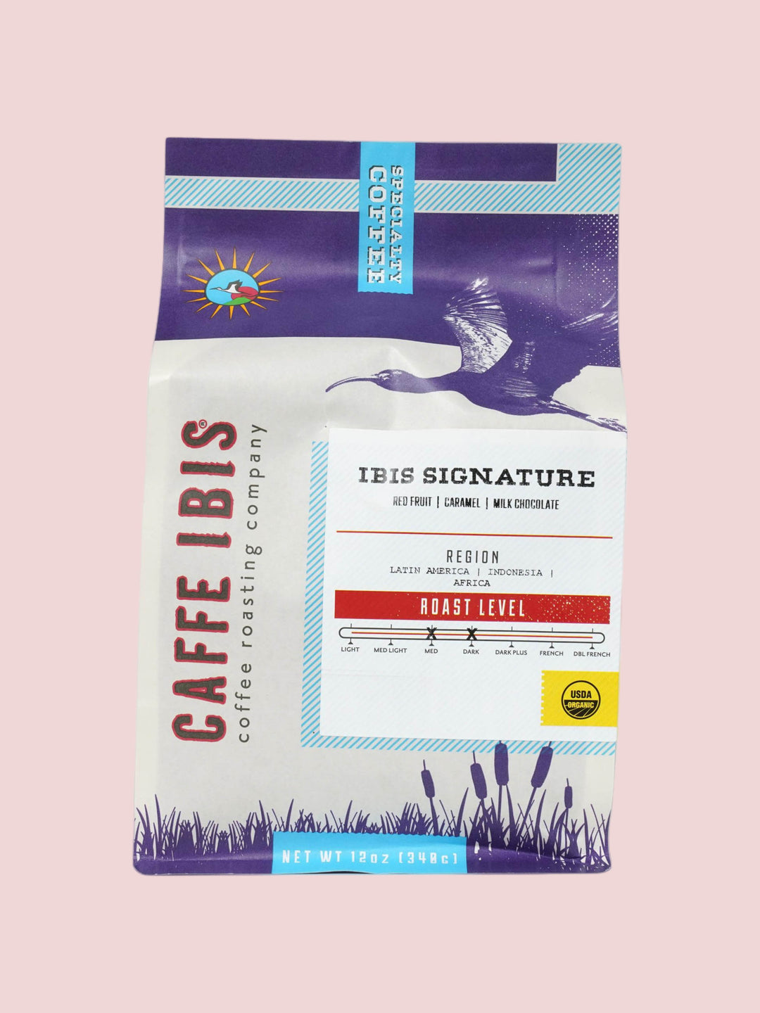 Caffe Ibis Organic Ibis Signature coffee in a purple twelve ounce bag; front quarter view.