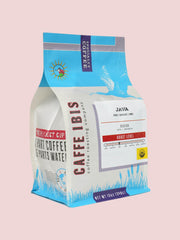 Caffe Ibis Organic Java coffee in a blue twelve ounce bag; front quarter view.