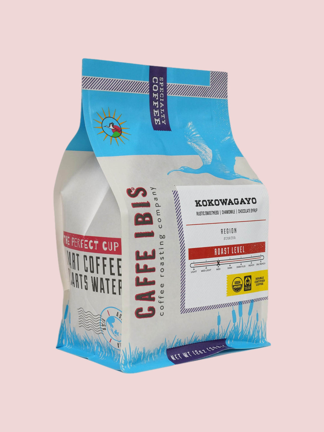 Caffe Ibis Organic Kokowagayo coffee in a blue twelve ounce bag; front quarter view.