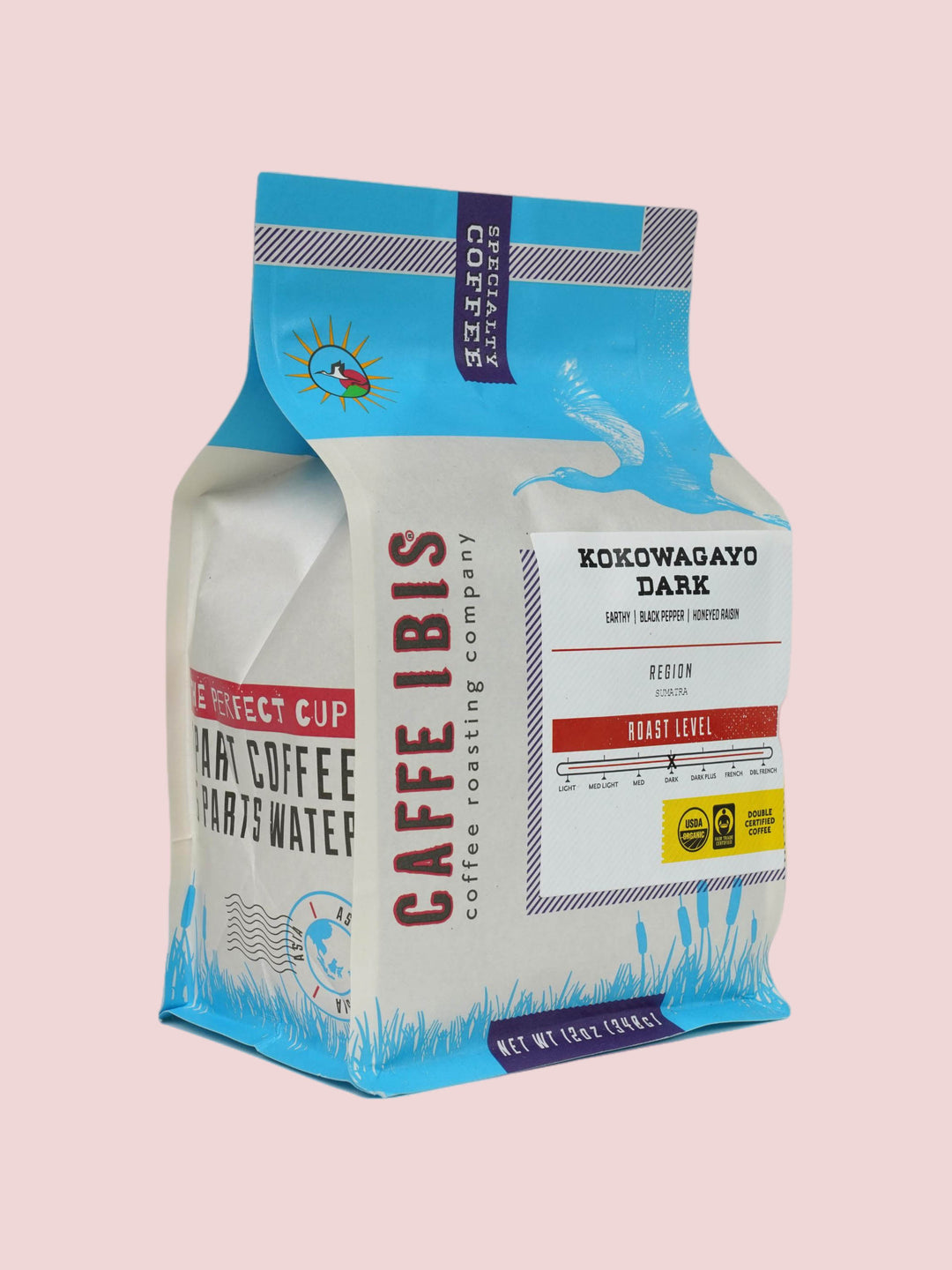 Caffe Ibis organic Kokowagayo Dark coffee in a blue twelve ounce bag; front quarter view.