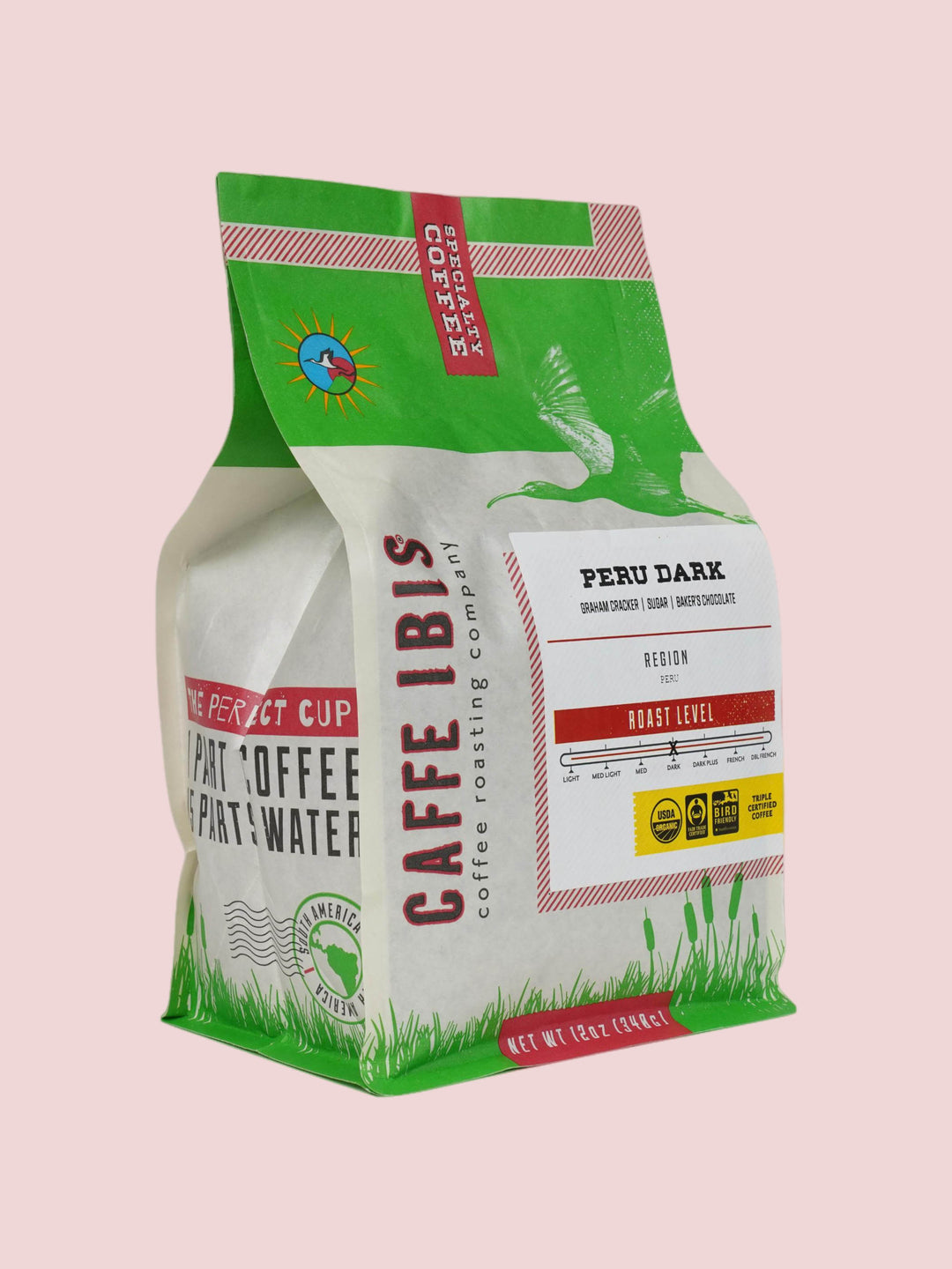 Caffe Ibis Organic Peru Dark in a green twelve ounce bag; front quarter view.