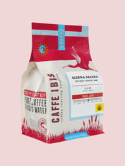 Caffe Ibis Organic Sierra Madre coffee in a red twelve ounce bag; front quarter view.