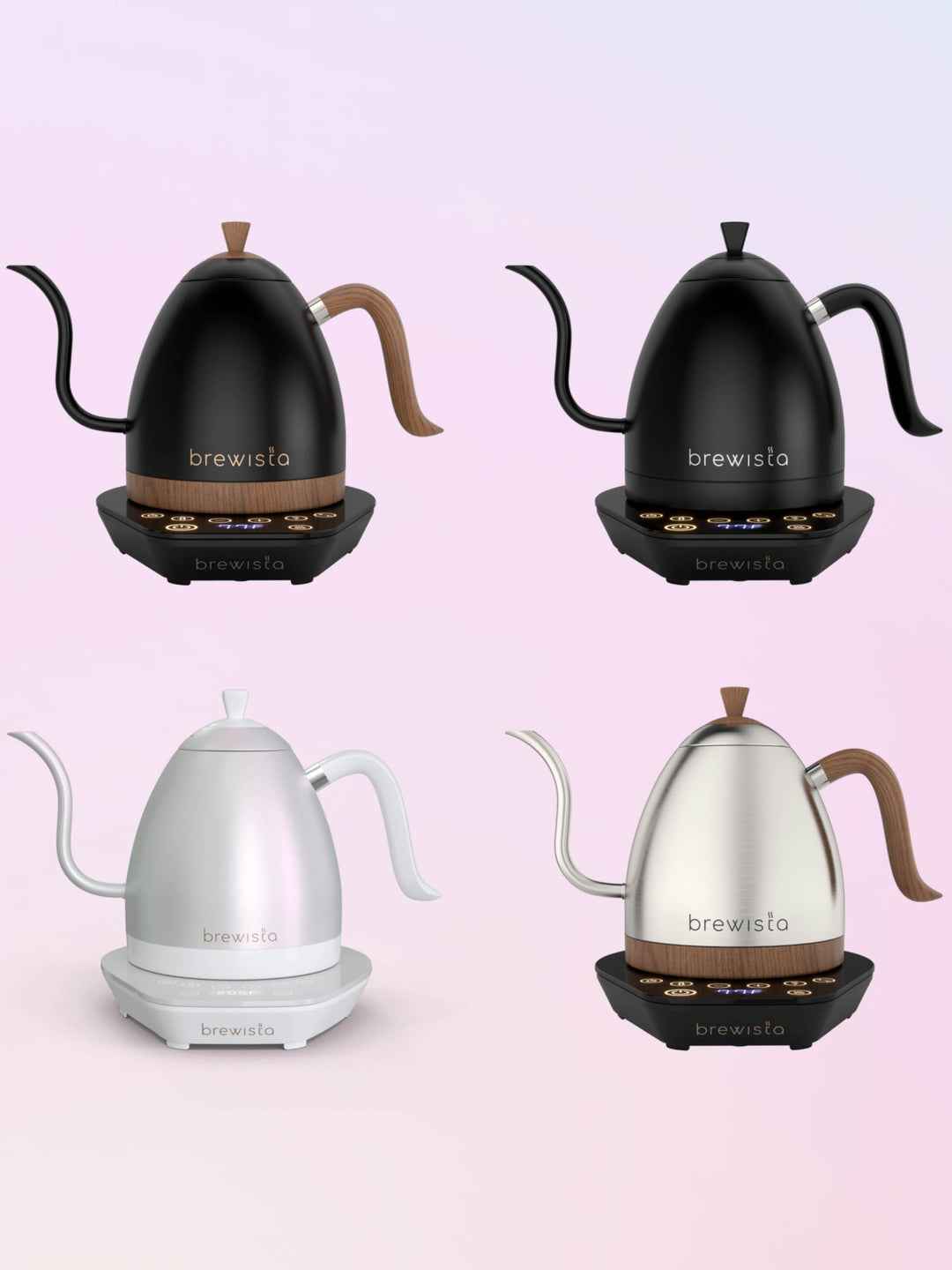 Four brewista artisan kettles in four different color and handle styles.